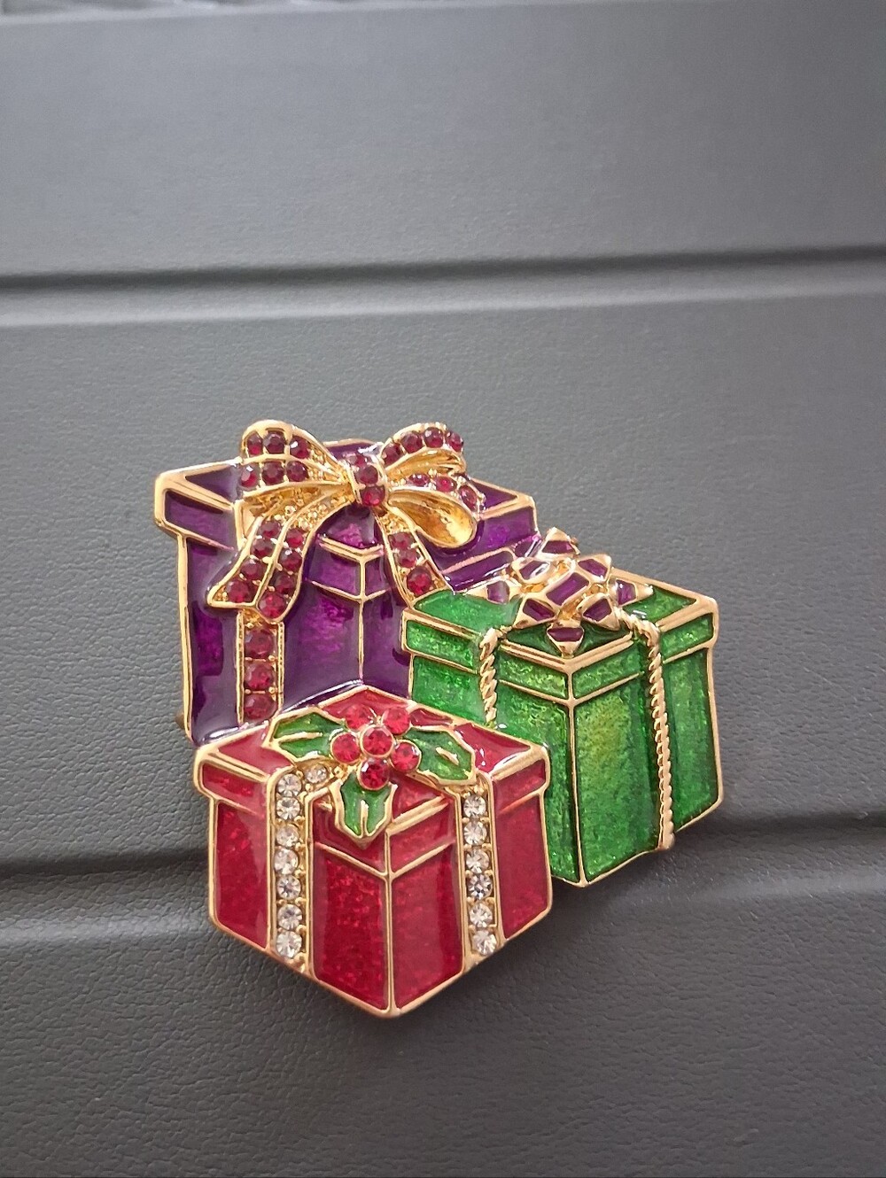 Festive Red, Green & Purple Holiday Gift Box Brooch